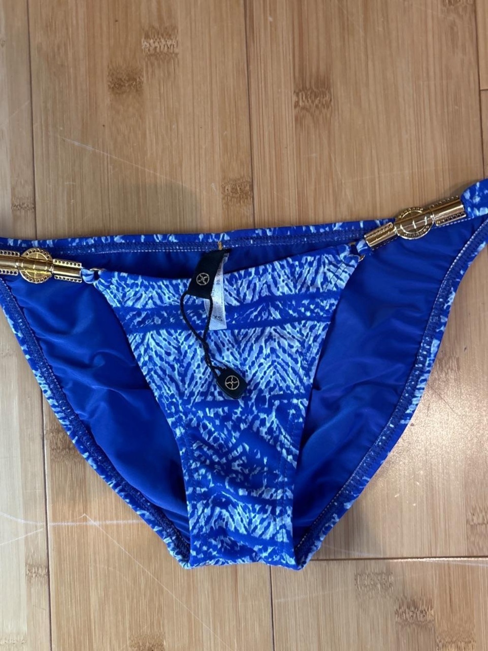 Women's Blue Patterned Bikini Bottom with Gold Accents